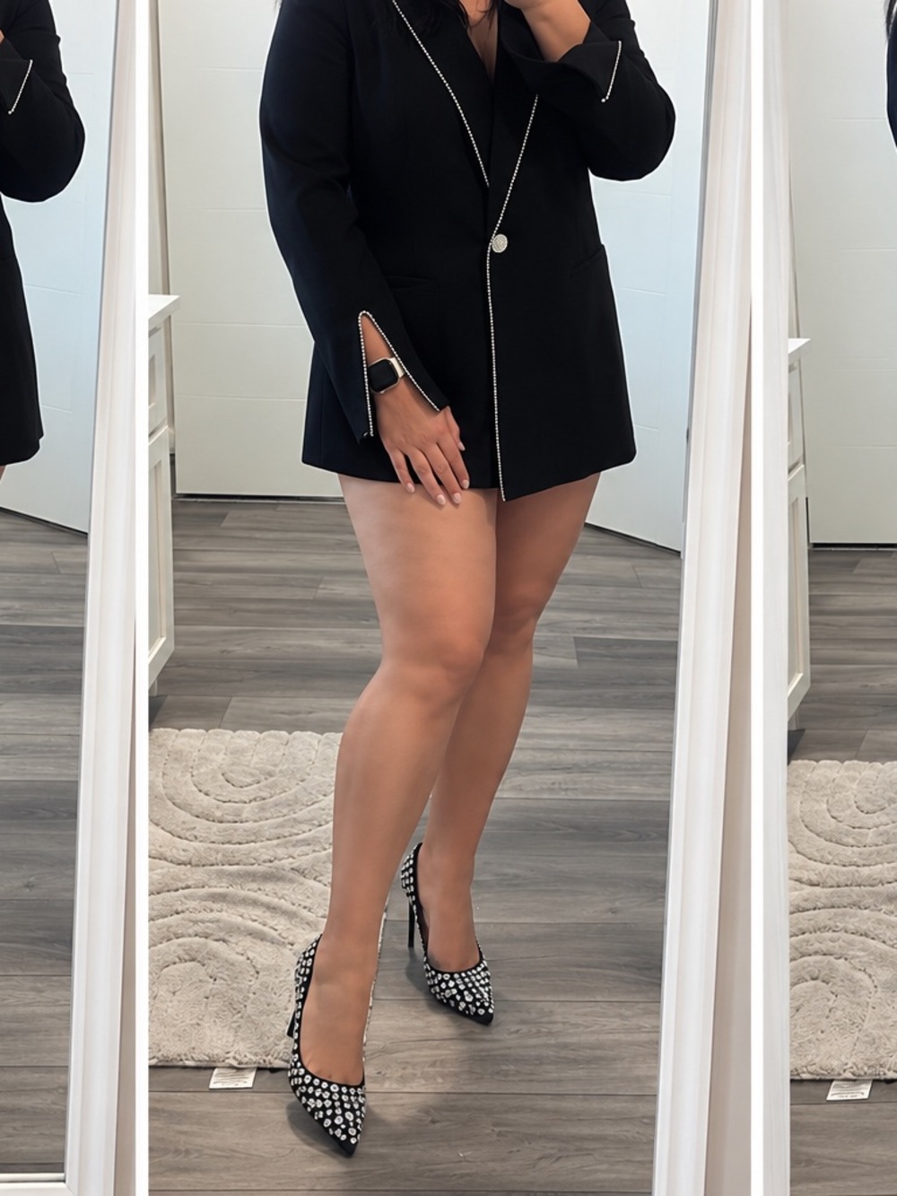 Black Blazer with beautifully trimmed with sparkling rhinestones along the lapel